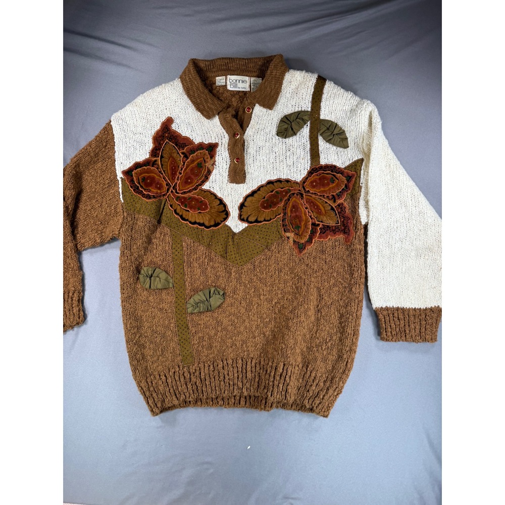 Vintage Bonnie and Bill by Holly Floral Appliqués Knit Sweater Brown Cream Small
